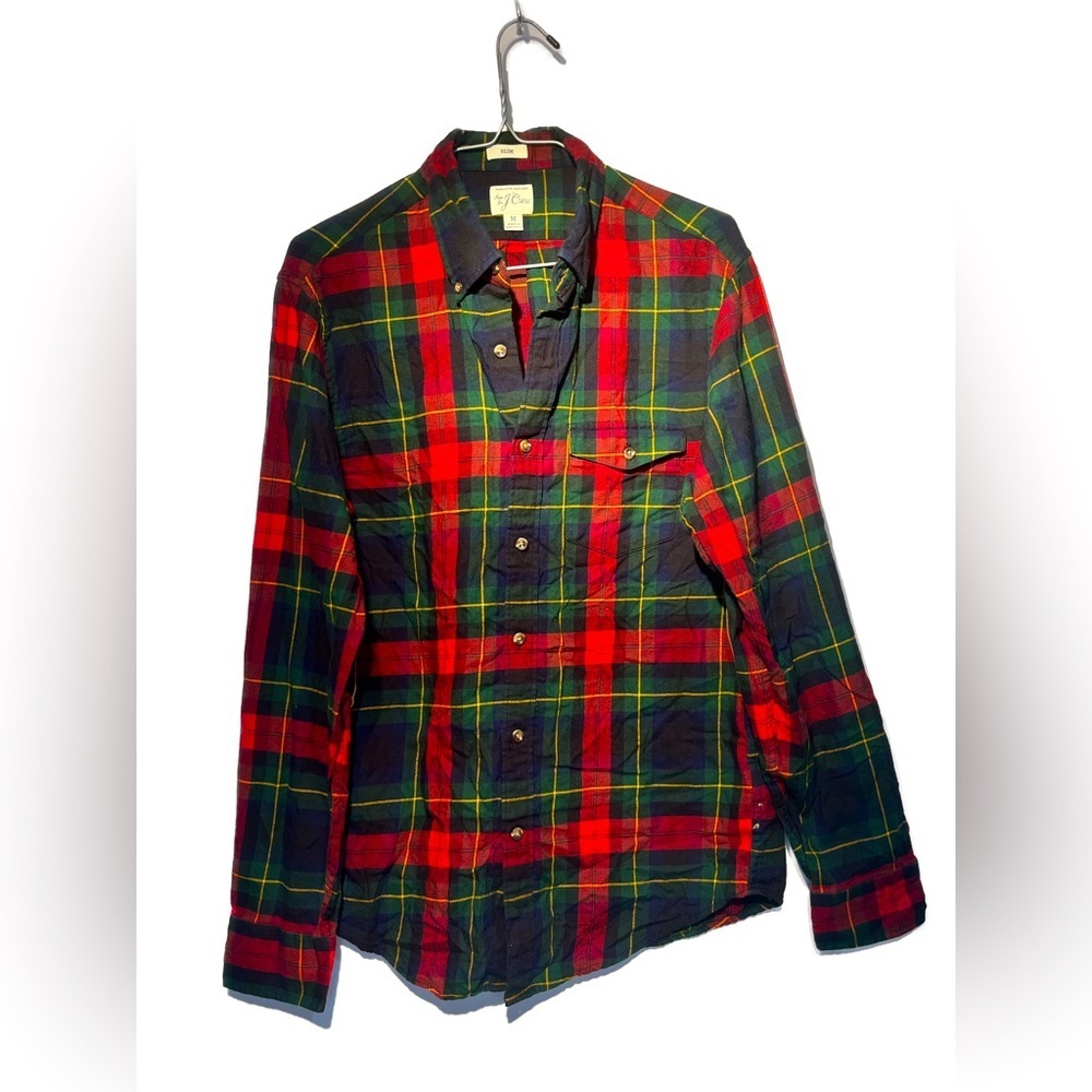 J.Crew Slim Wool Blend Flannel Shirt Elbow Patch Stewart Plaid Button Down Sz M